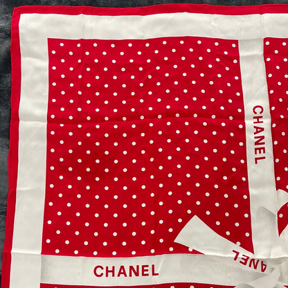 SOLD! CHANEL Red Silk Logo Ribbon Scarf