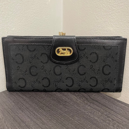 #189 CELINE Black Canvas Long Wallet with Kiss Clasp