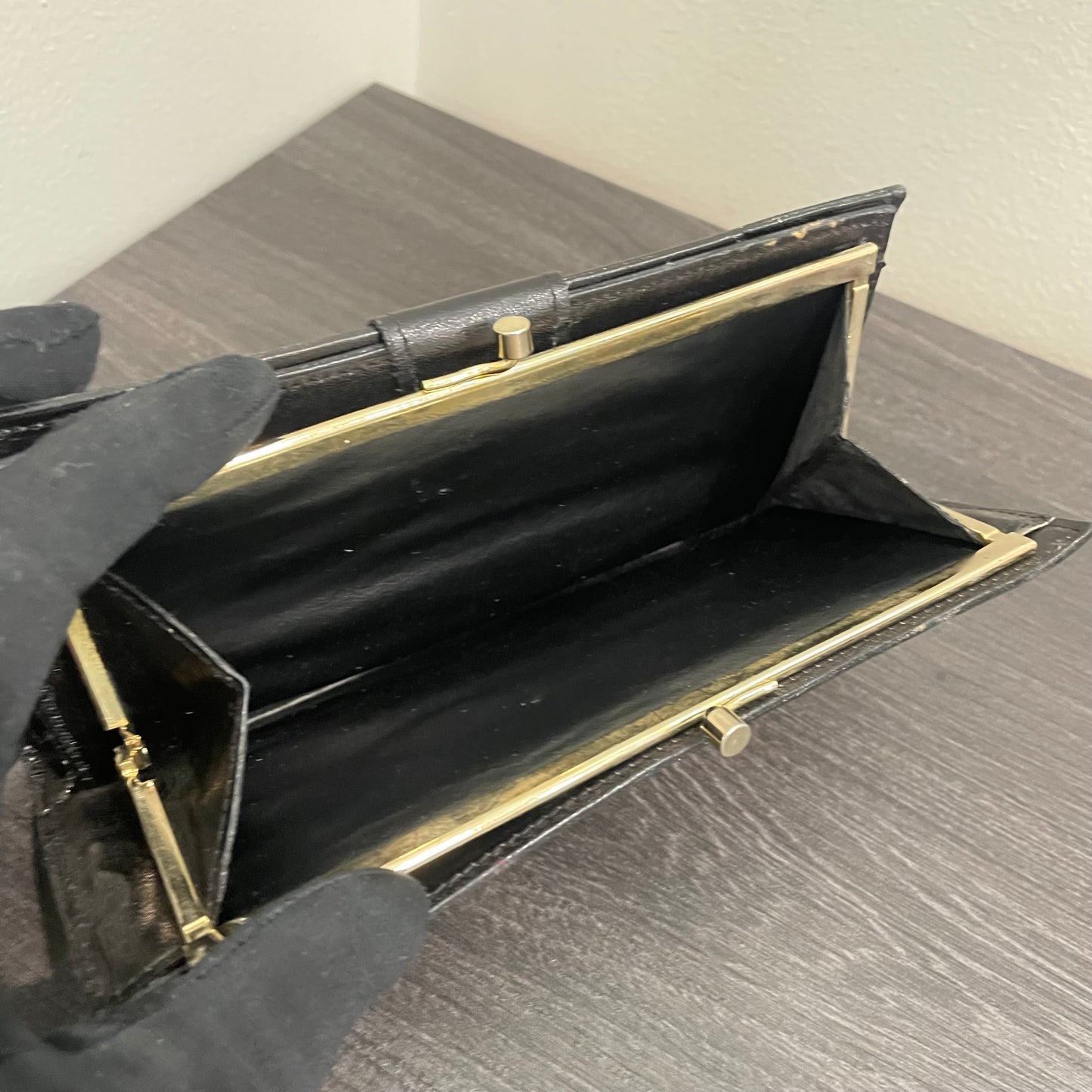 #189 CELINE Black Canvas Long Wallet with Kiss Clasp