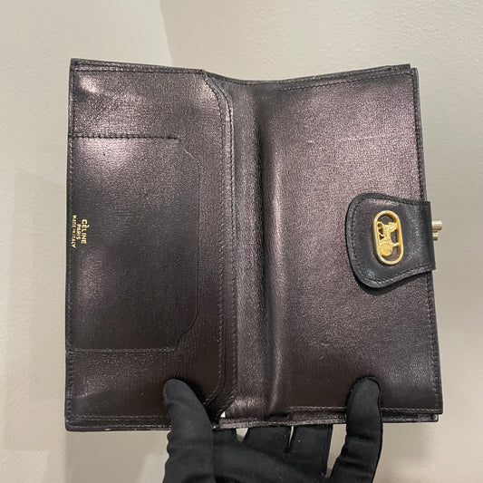 #189 CELINE Black Canvas Long Wallet with Kiss Clasp