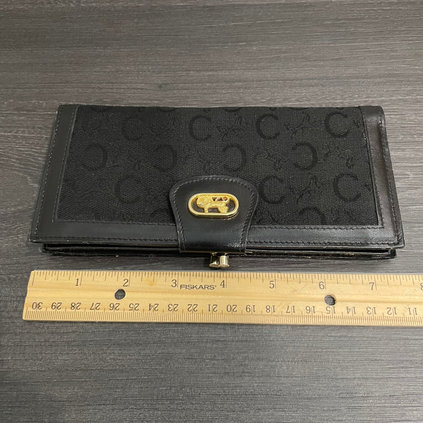 #189 CELINE Black Canvas Long Wallet with Kiss Clasp