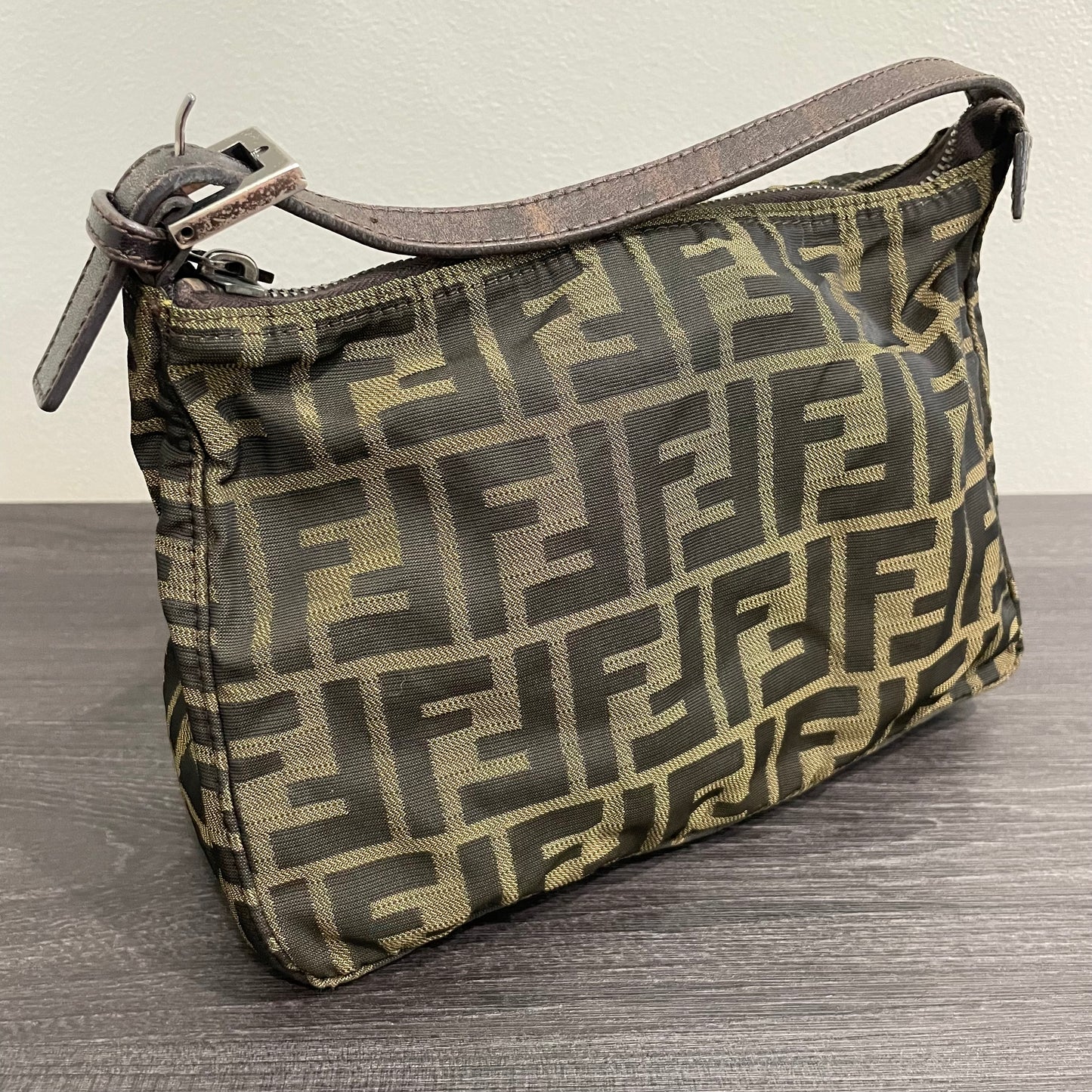 #609 FENDI Zucca Cuoio Romano Selleria Mini Pochette Tobacco Moro