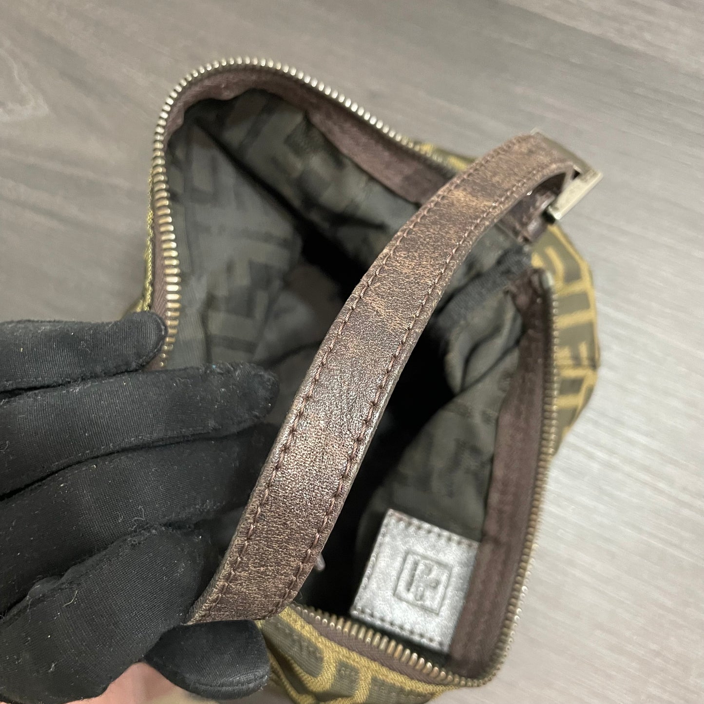 #609 FENDI Zucca Cuoio Romano Selleria Mini Pochette Tobacco Moro