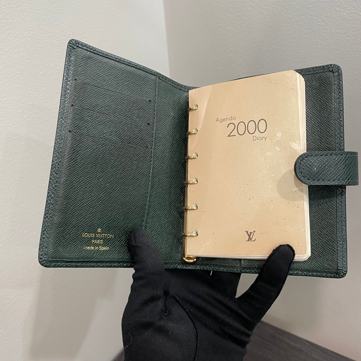 #112 LOUIS VUITTON Green Leather Agenda PM with Dust Bag & Box