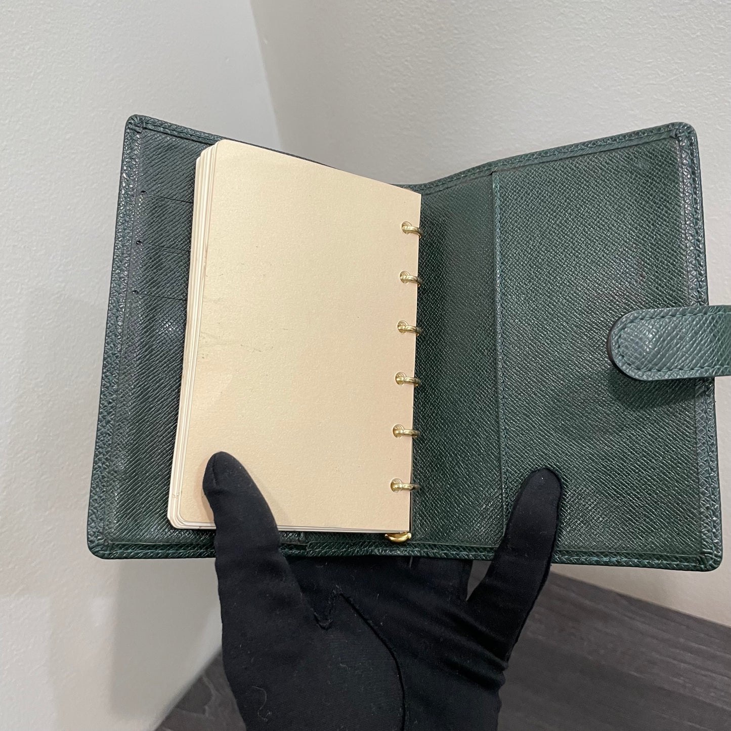 #112 LOUIS VUITTON Green Leather Agenda PM with Dust Bag & Box