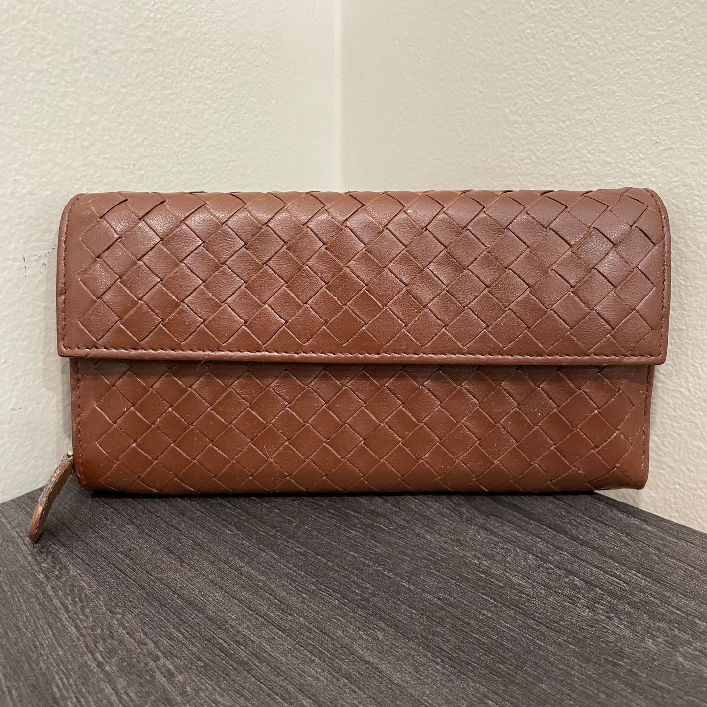 #171 BOTTEGA VENETA Brown Leather Weave Long Wallet