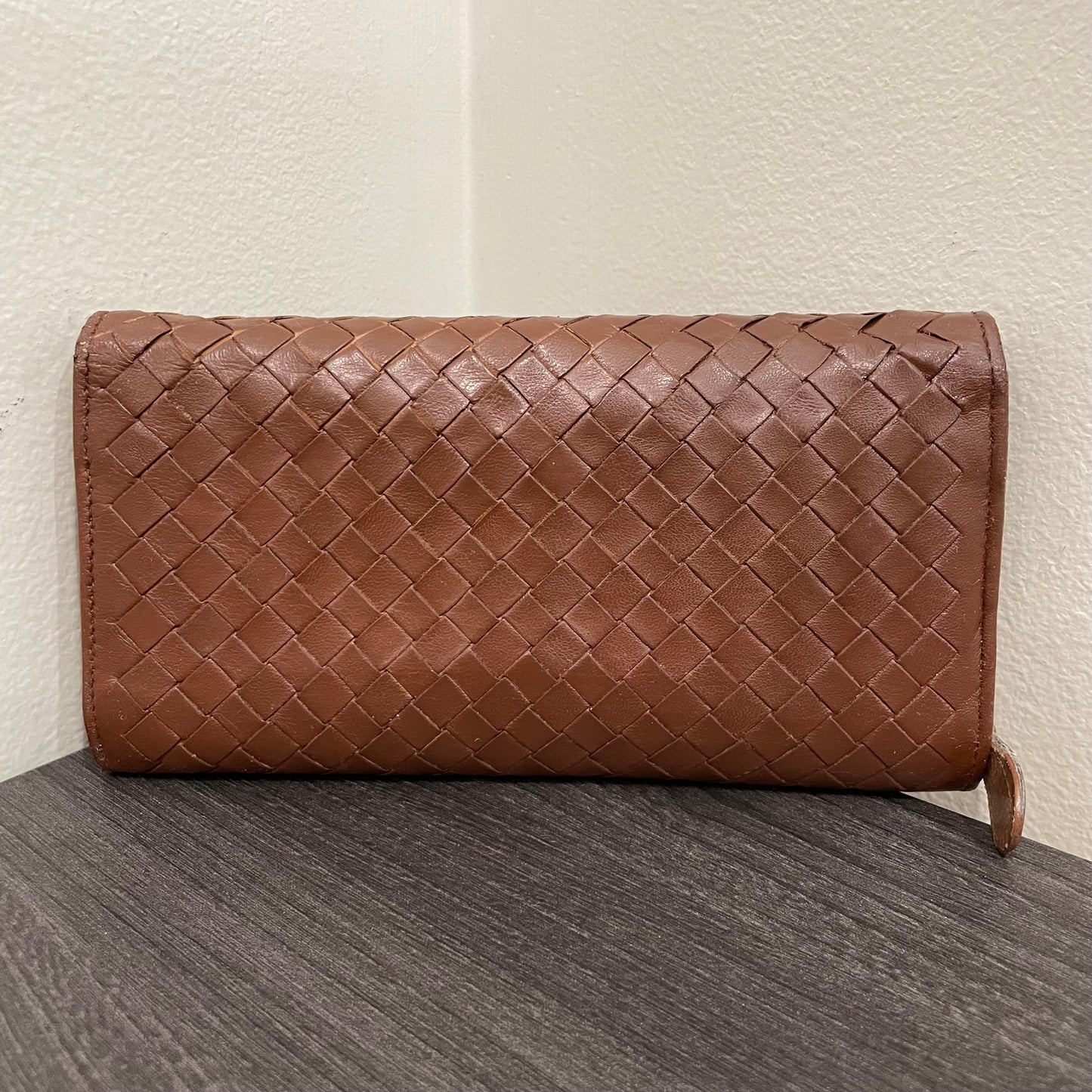 #171 BOTTEGA VENETA Brown Leather Weave Long Wallet