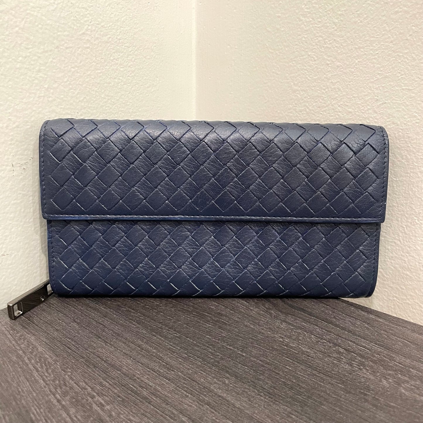 #172 BOTTEGA VENETA Navy Leather Weave Long Wallet