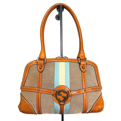 1015-01 GUCCI Canvas Web GG Reins Shoulder Bag Cognac