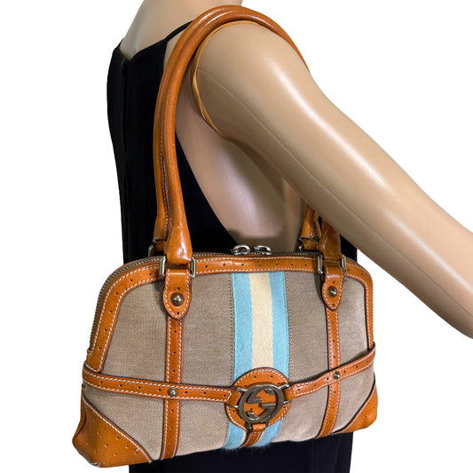 1015-01 GUCCI Canvas Web GG Reins Shoulder Bag Cognac