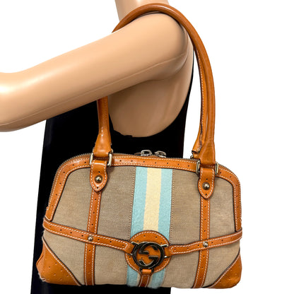 1015-01 GUCCI Canvas Web GG Reins Shoulder Bag Cognac