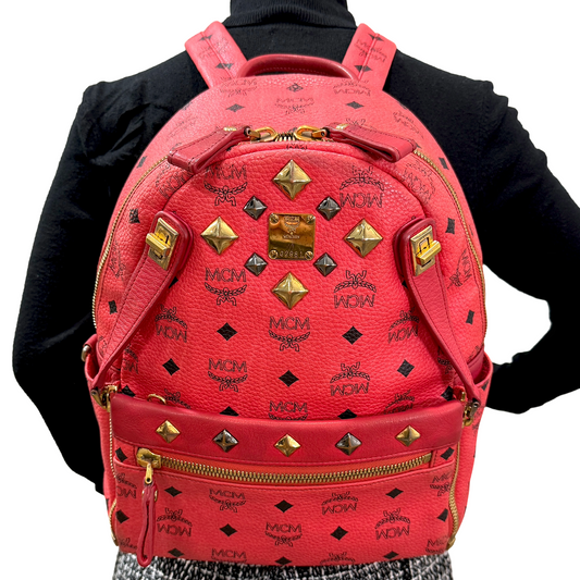 #1145 MCM Studded Hermosa Backpack in Coral Visetos
