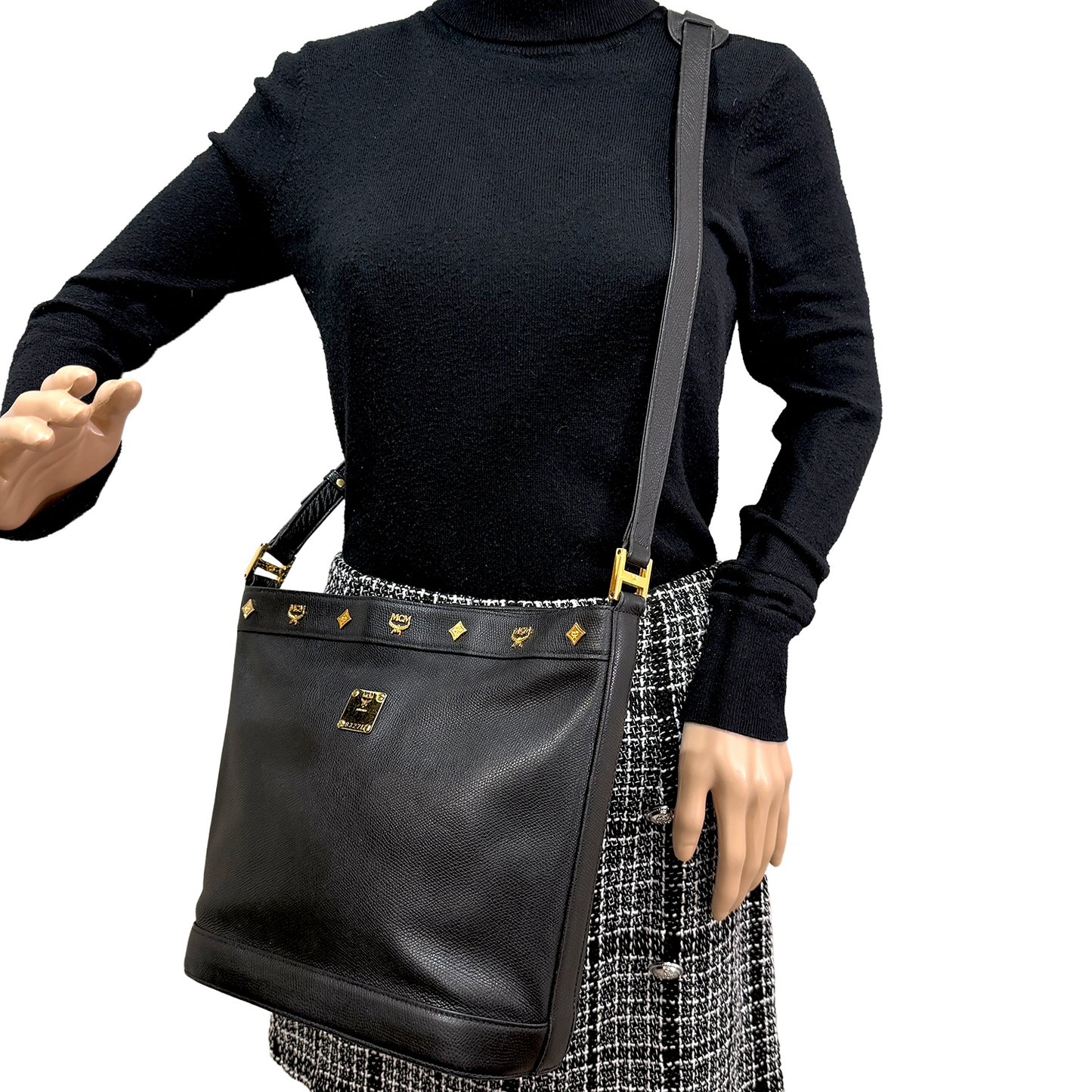 #1149 MCM Studded Black Leather Messenger Crossbody Bag