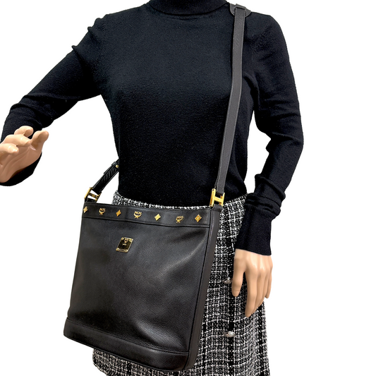 #1149 MCM Studded Black Leather Messenger Crossbody Bag