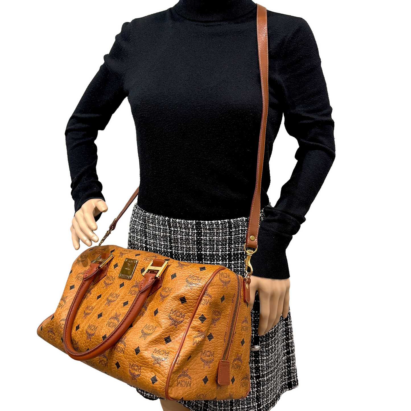 #1141 MCM Boston 34 Bag in Cognac Visetos