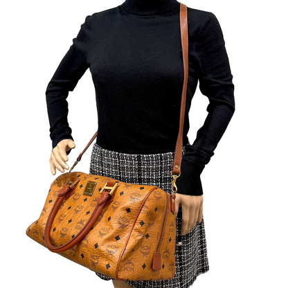 #1141 MCM Boston 34 Bag in Cognac Visetos