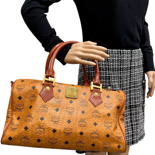 #1141 MCM Boston 34 Bag in Cognac Visetos