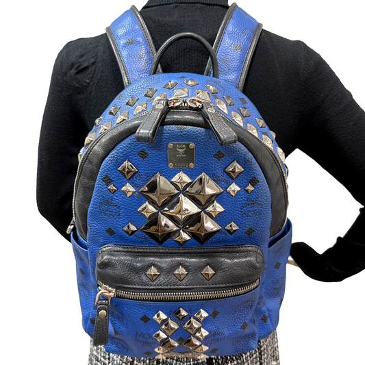 #1136 MCM Studded Colorblock Stark Brock Backpack in Blue Visetos