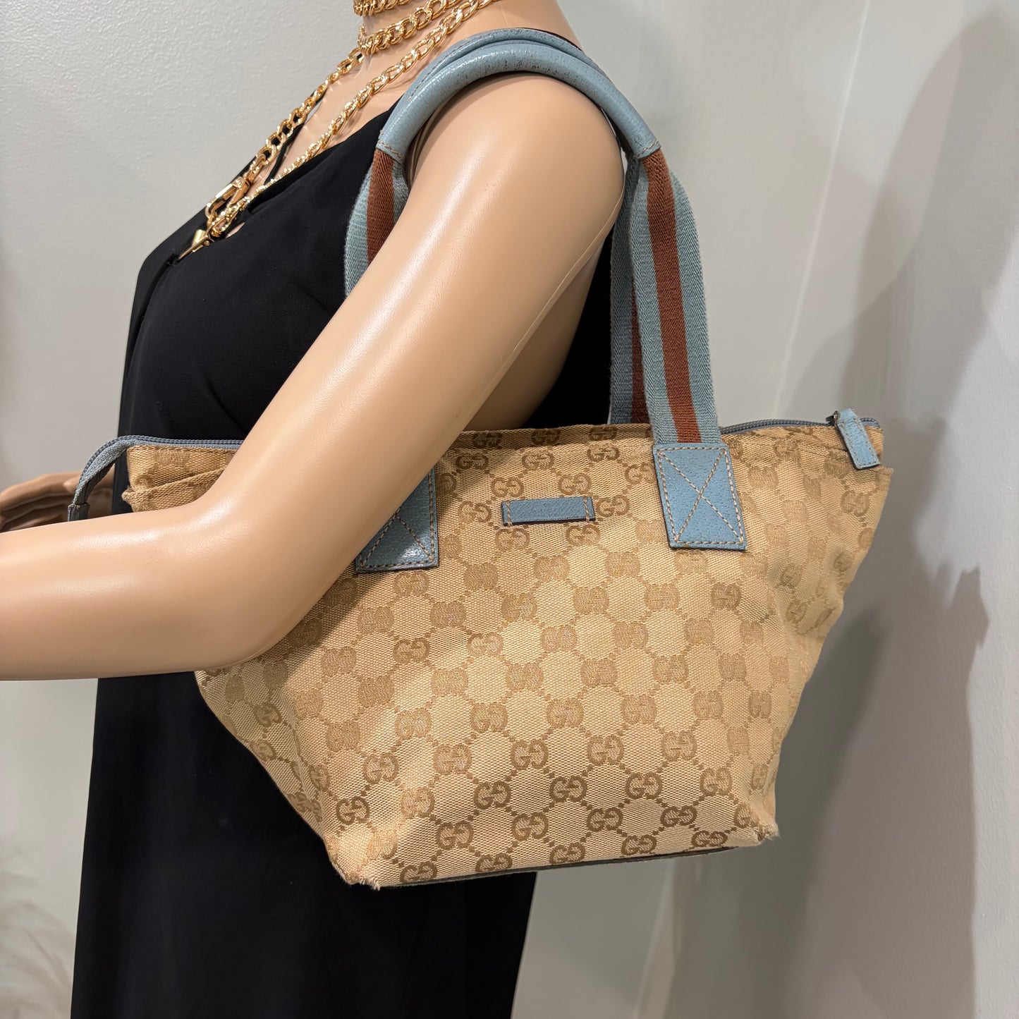 #005 GUCCI Brown Canvas w/ Blue Trim Tote