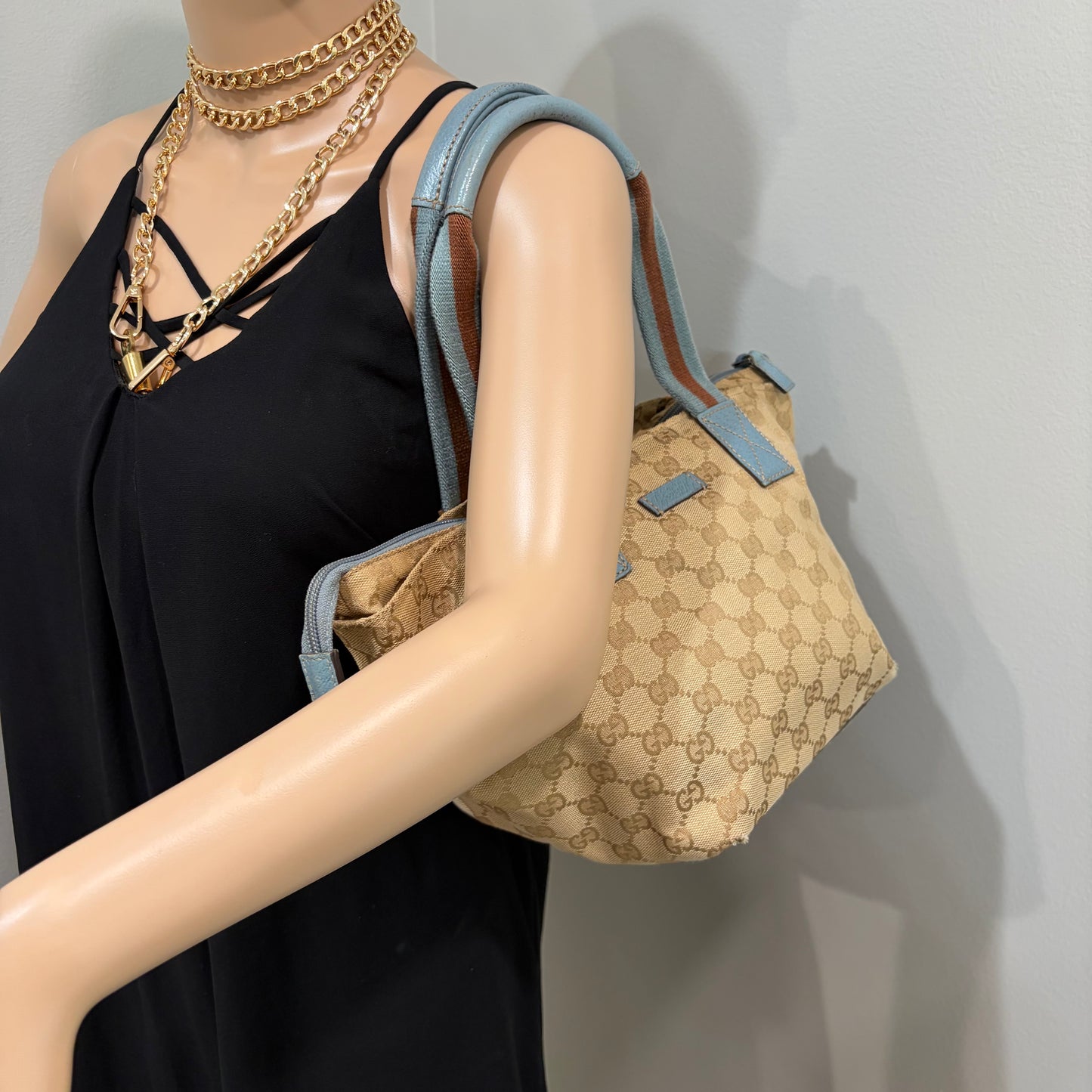 #005 GUCCI Brown Canvas w/ Blue Trim Tote