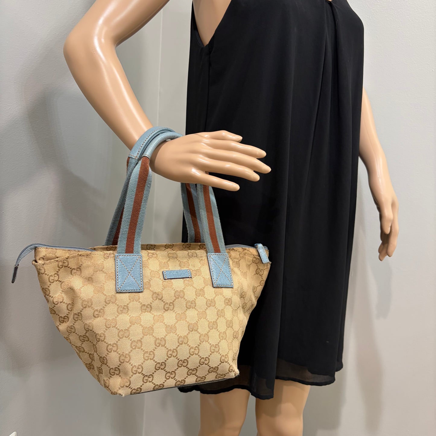 #005 GUCCI Brown Canvas w/ Blue Trim Tote