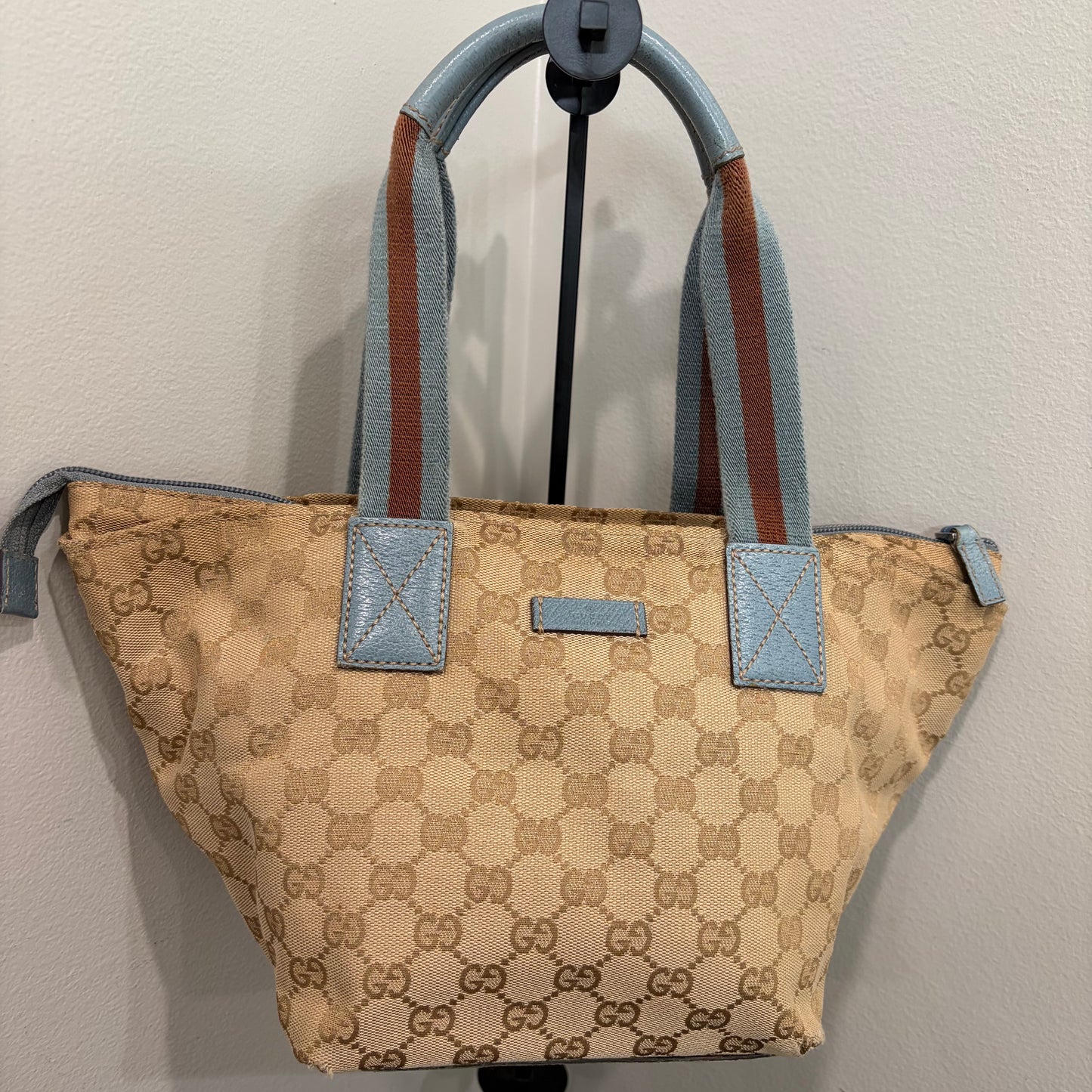 #005 GUCCI Brown Canvas w/ Blue Trim Tote