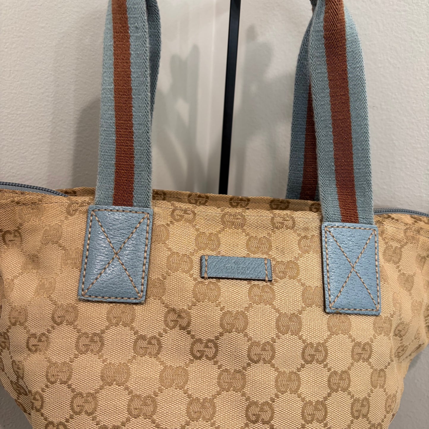 #005 GUCCI Brown Canvas w/ Blue Trim Tote