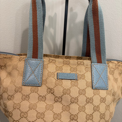 #005 GUCCI Brown Canvas w/ Blue Trim Tote