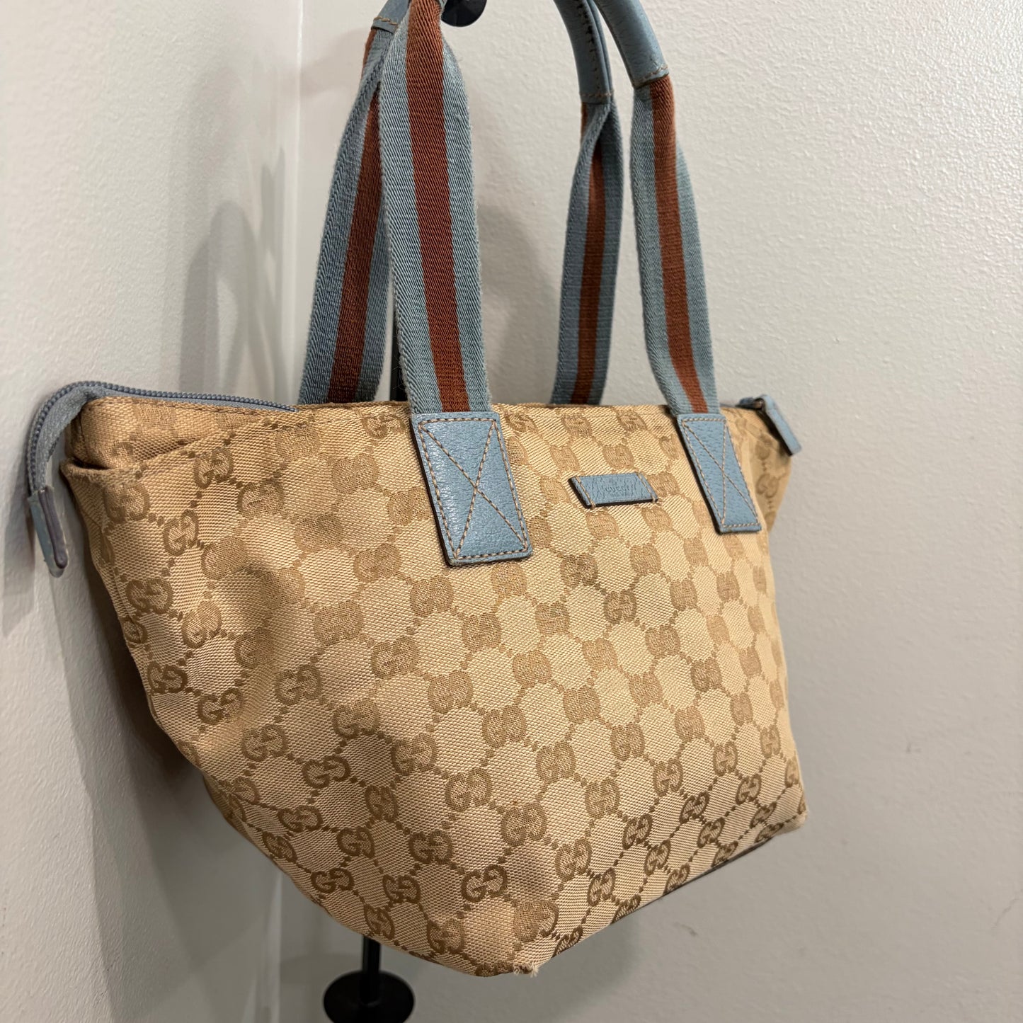 #005 GUCCI Brown Canvas w/ Blue Trim Tote