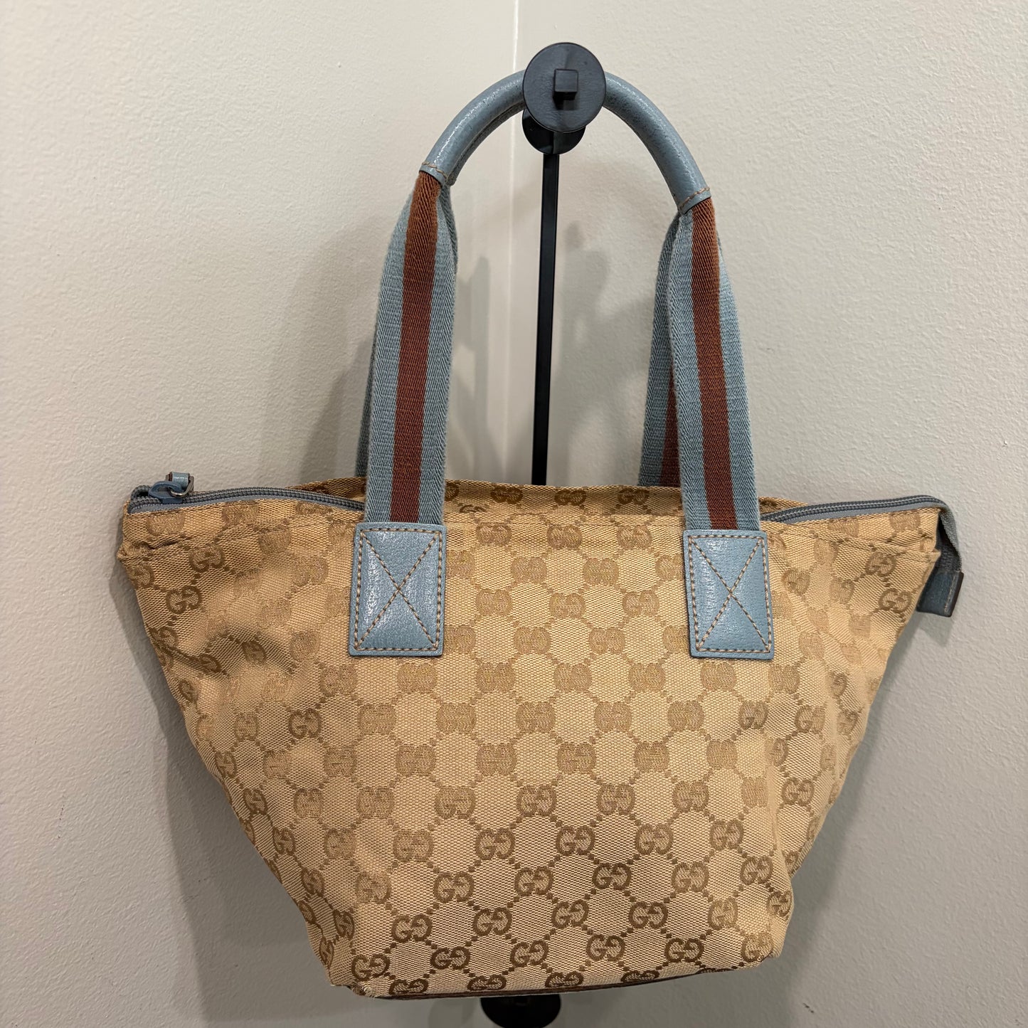 #005 GUCCI Brown Canvas w/ Blue Trim Tote