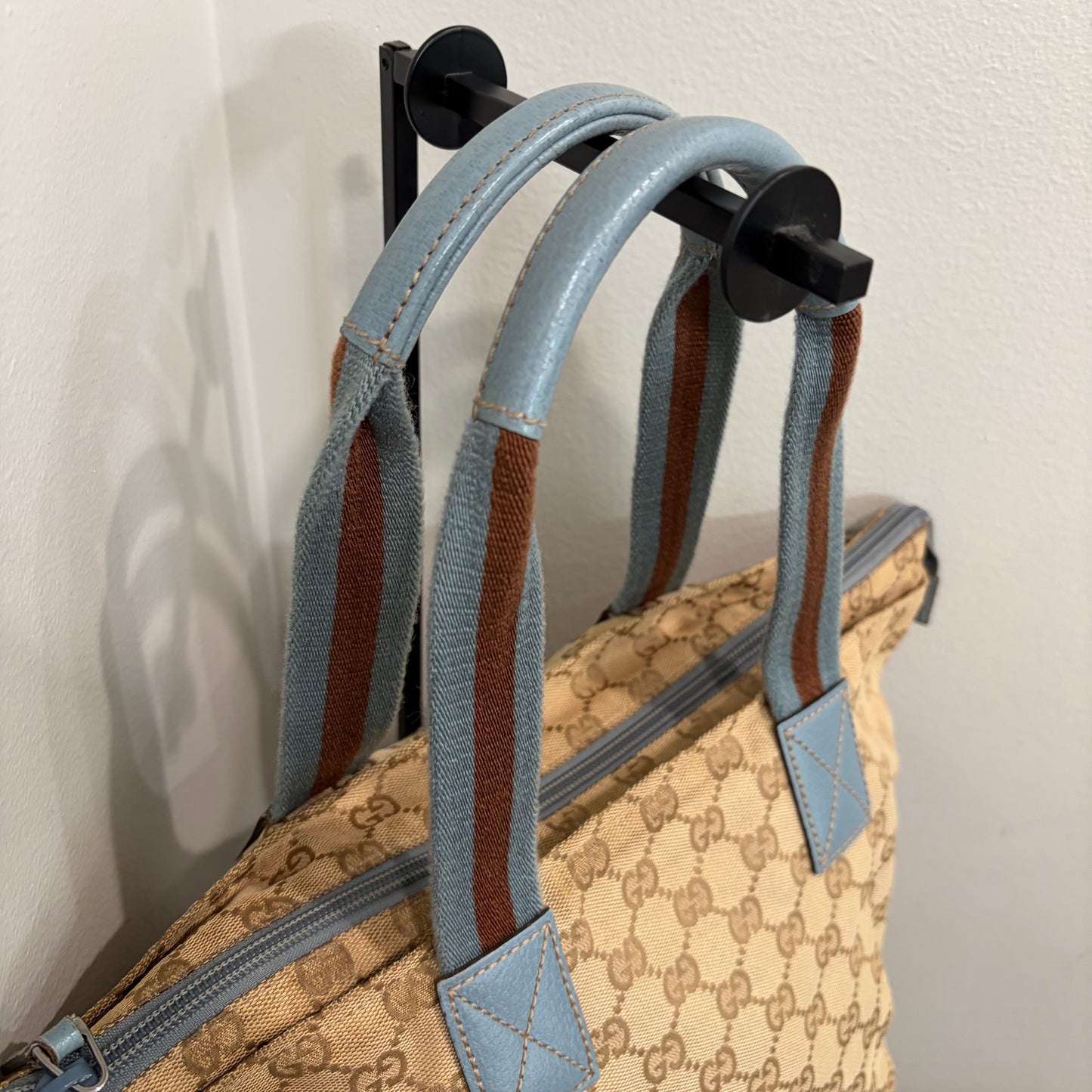 #005 GUCCI Brown Canvas w/ Blue Trim Tote