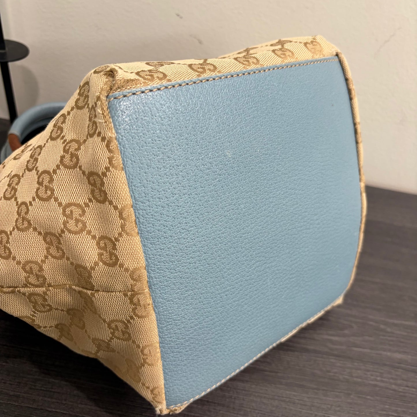 #005 GUCCI Brown Canvas w/ Blue Trim Tote