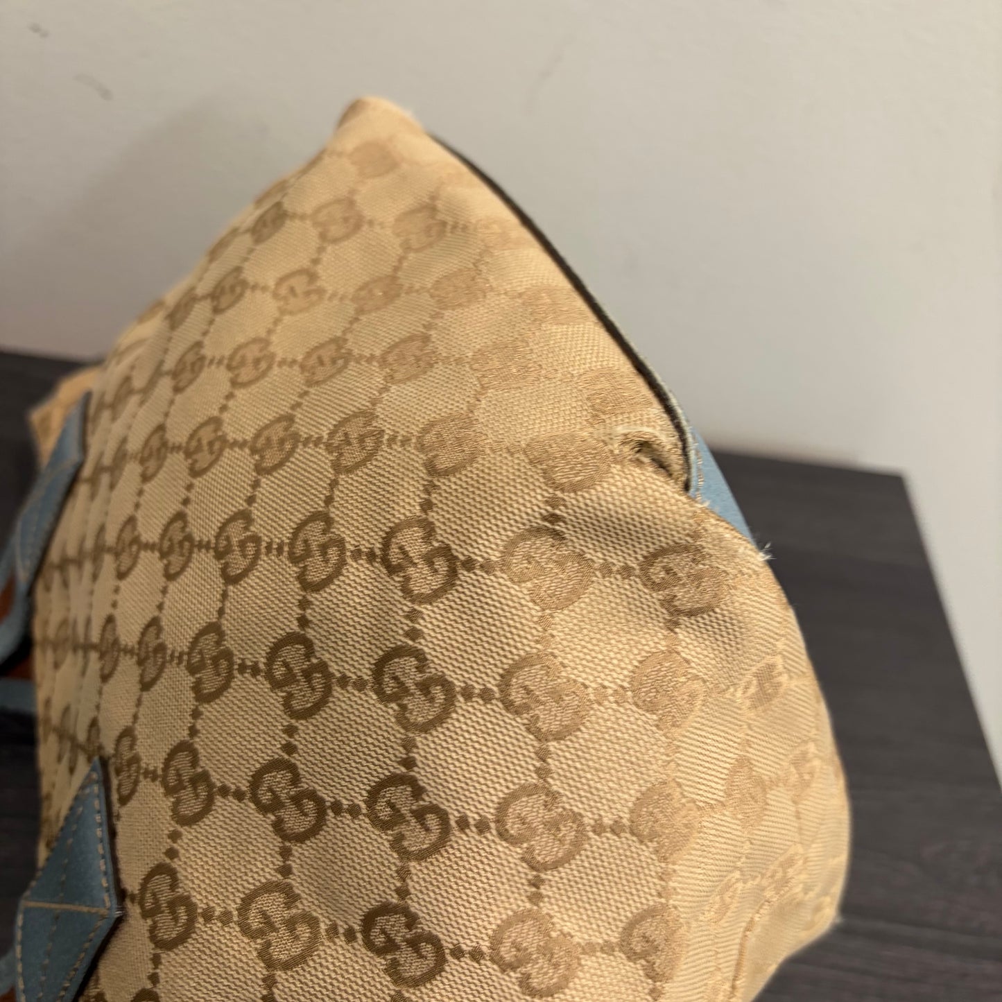 #005 GUCCI Brown Canvas w/ Blue Trim Tote