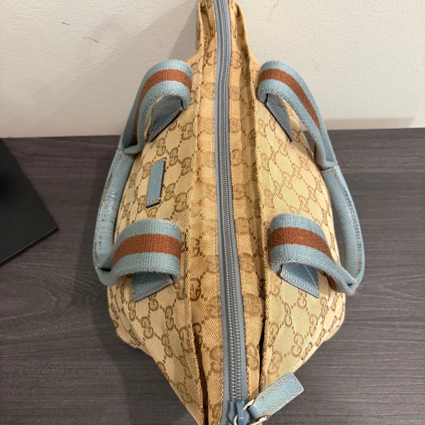 #005 GUCCI Brown Canvas w/ Blue Trim Tote