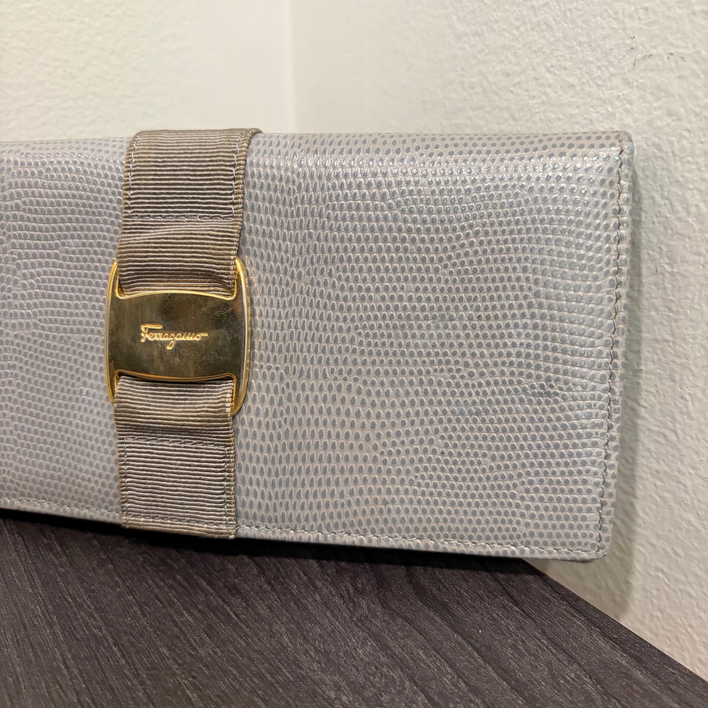 #014 SALVATORE FERRAGAMO Grey Embossed Long Wallet
