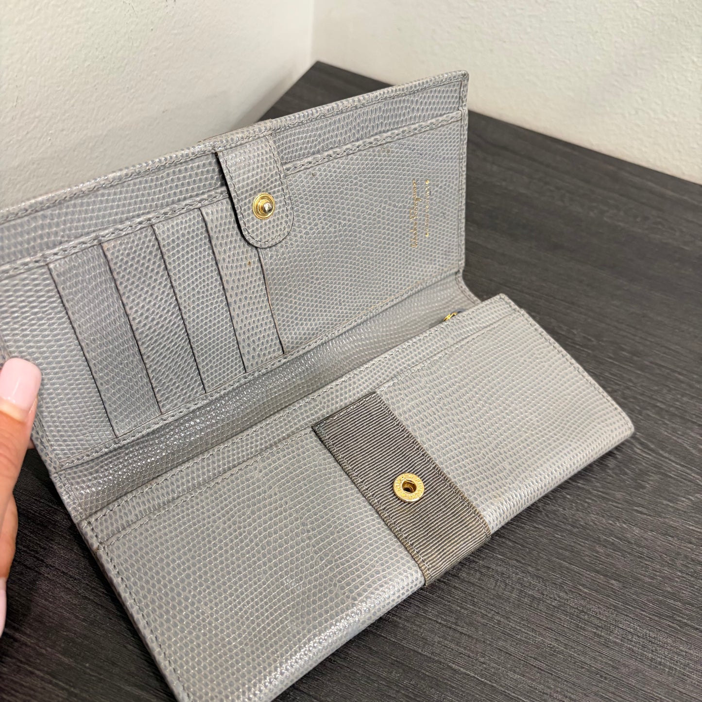 #014 SALVATORE FERRAGAMO Grey Embossed Long Wallet