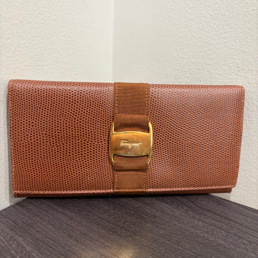 #015 SALVATORE FERRAGAMO Brown Embossed Long Wallet