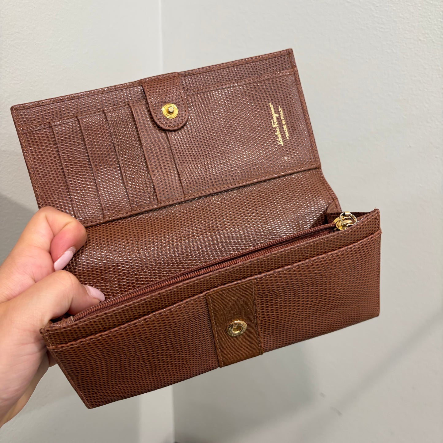 #015 SALVATORE FERRAGAMO Brown Embossed Long Wallet