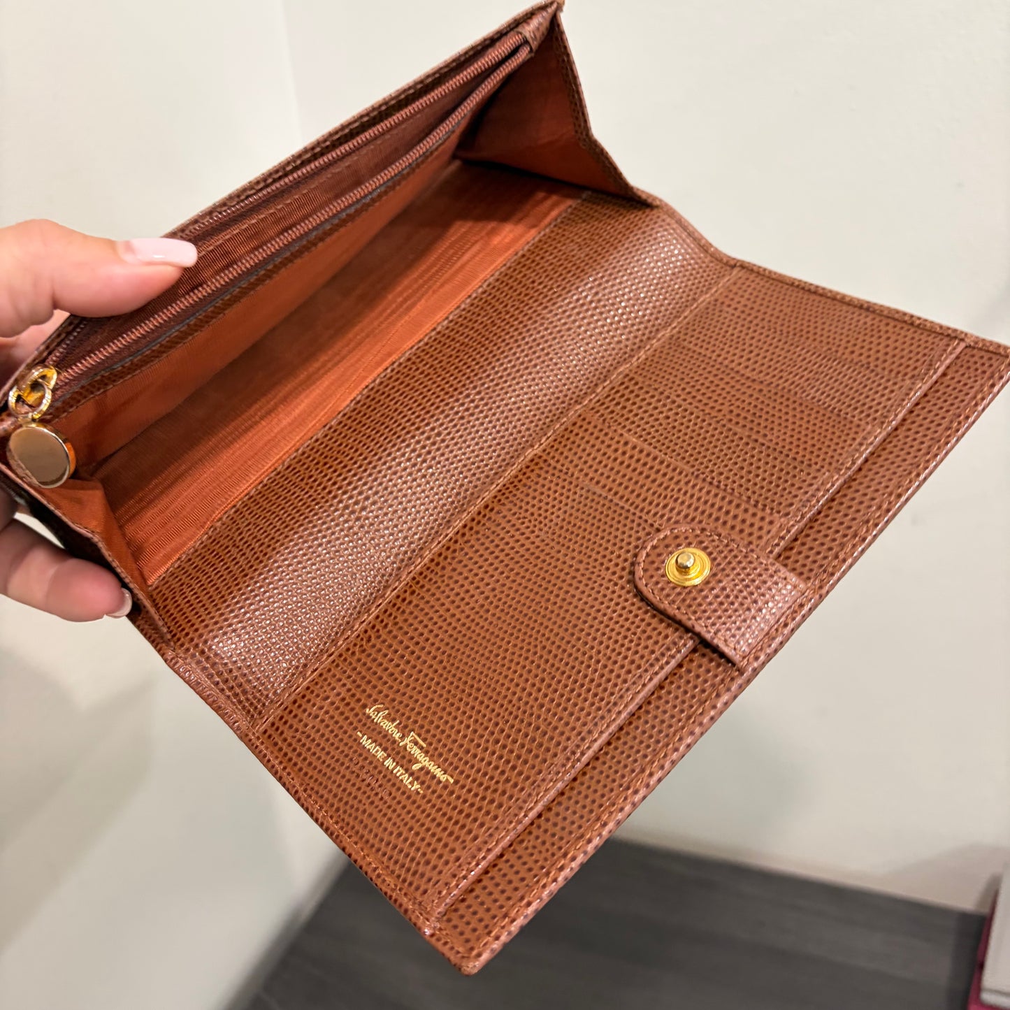 #015 SALVATORE FERRAGAMO Brown Embossed Long Wallet