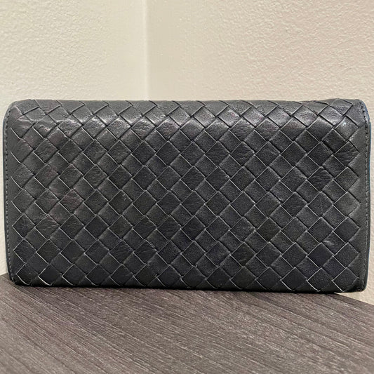 BOTTEGA VENETA Black Weave Blue Leather Wallet