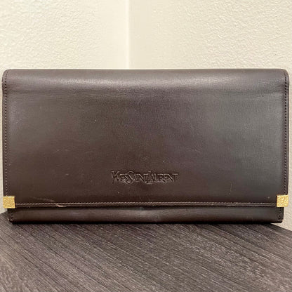 #152 YVES SAINT LAURENT Brown Leather Long Wallet