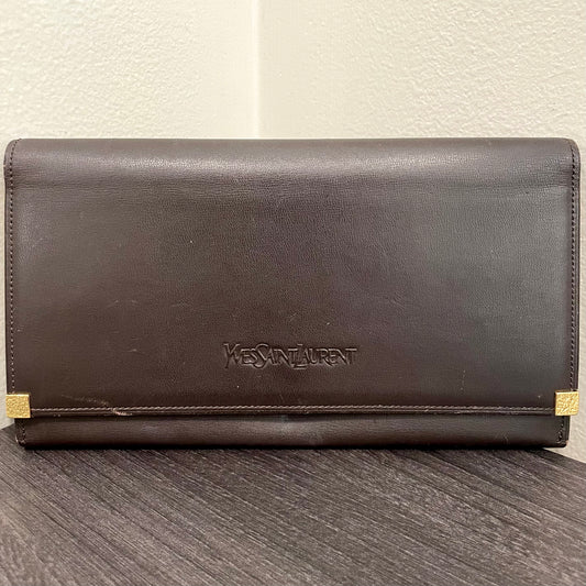 #152 YVES SAINT LAURENT Brown Leather Long Wallet