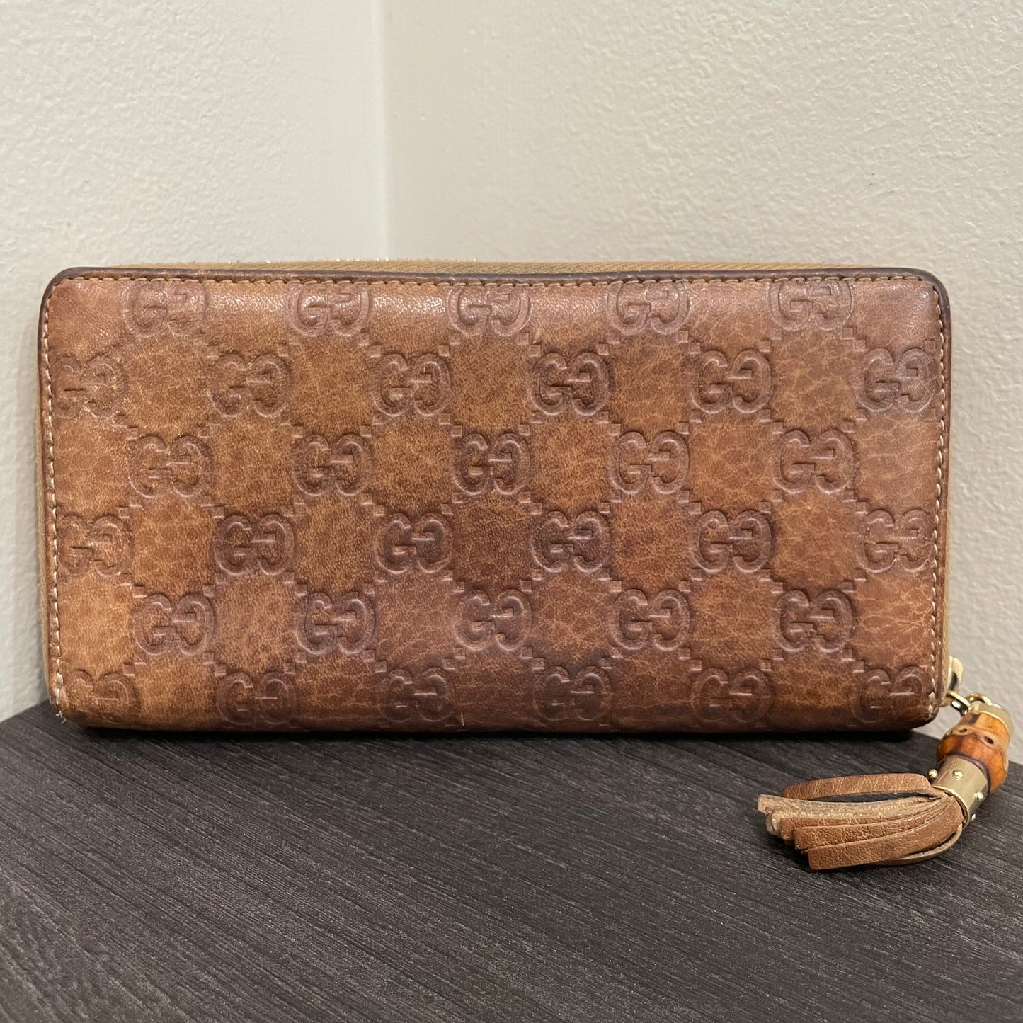 #130 GUCCI GG Leather Zippy Wallet with Bamboo Accent