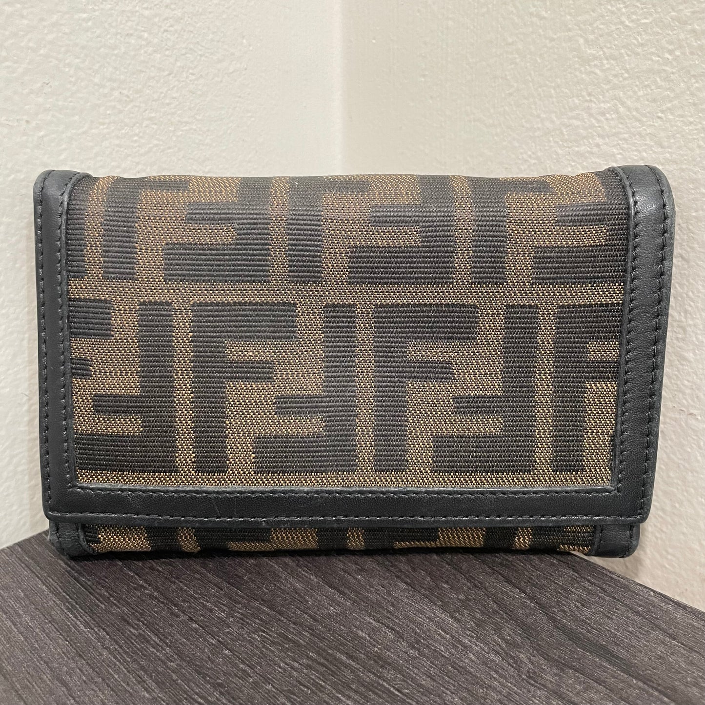 #173 FENDI Black Leather Canvas Compact Wallet