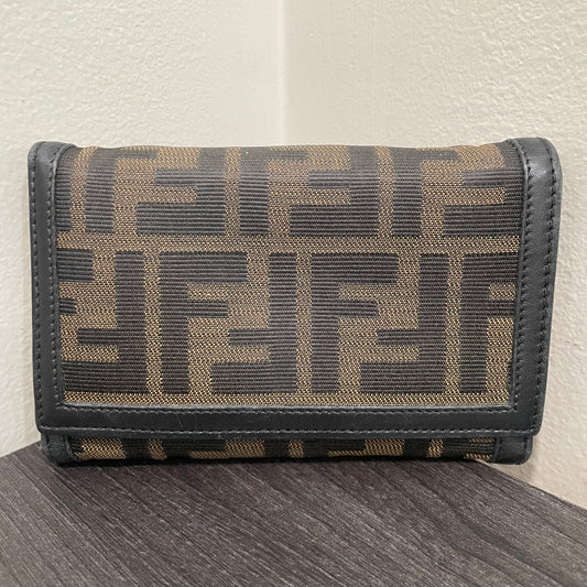 #173 FENDI Black Leather Canvas Compact Wallet