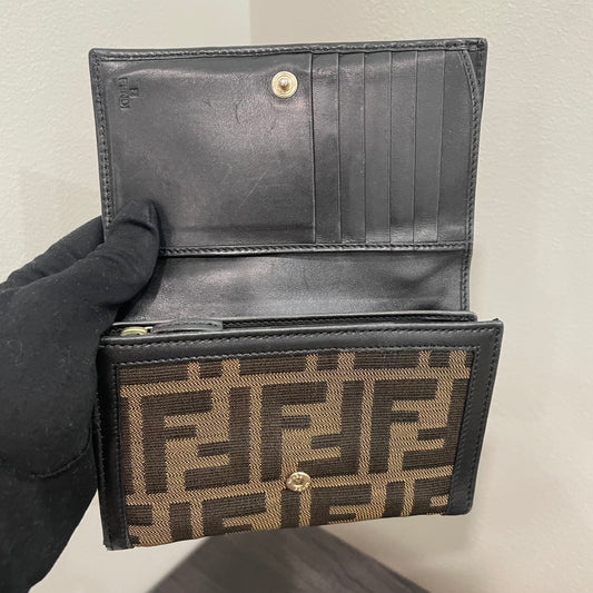 #173 FENDI Black Leather Canvas Compact Wallet