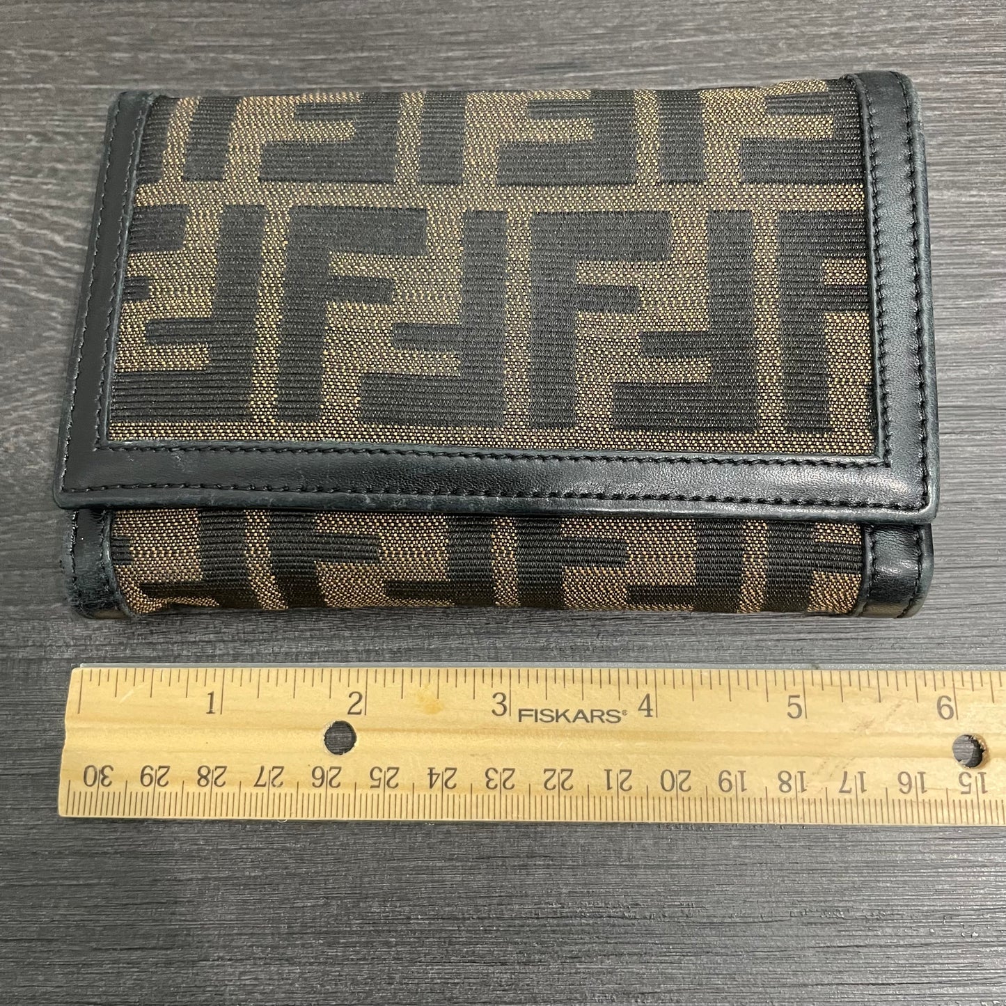 #173 FENDI Black Leather Canvas Compact Wallet