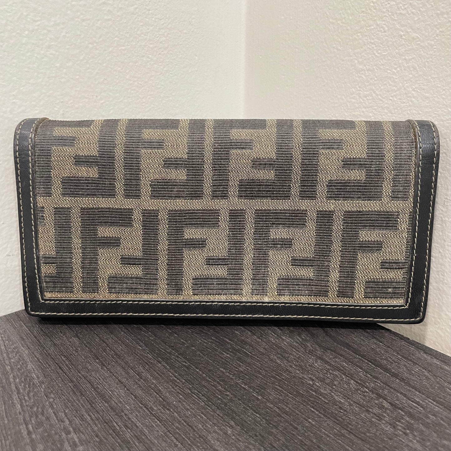 #174 FENDI Black Leather Canvas Long Wallet