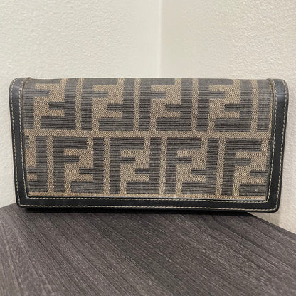 #174 FENDI Black Leather Canvas Long Wallet