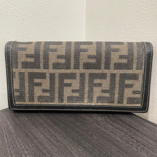 #174 FENDI Black Leather Canvas Long Wallet